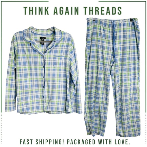 Aria Womens Blue Green Fleece Pajama Set Size Large - Picture 1 of 10